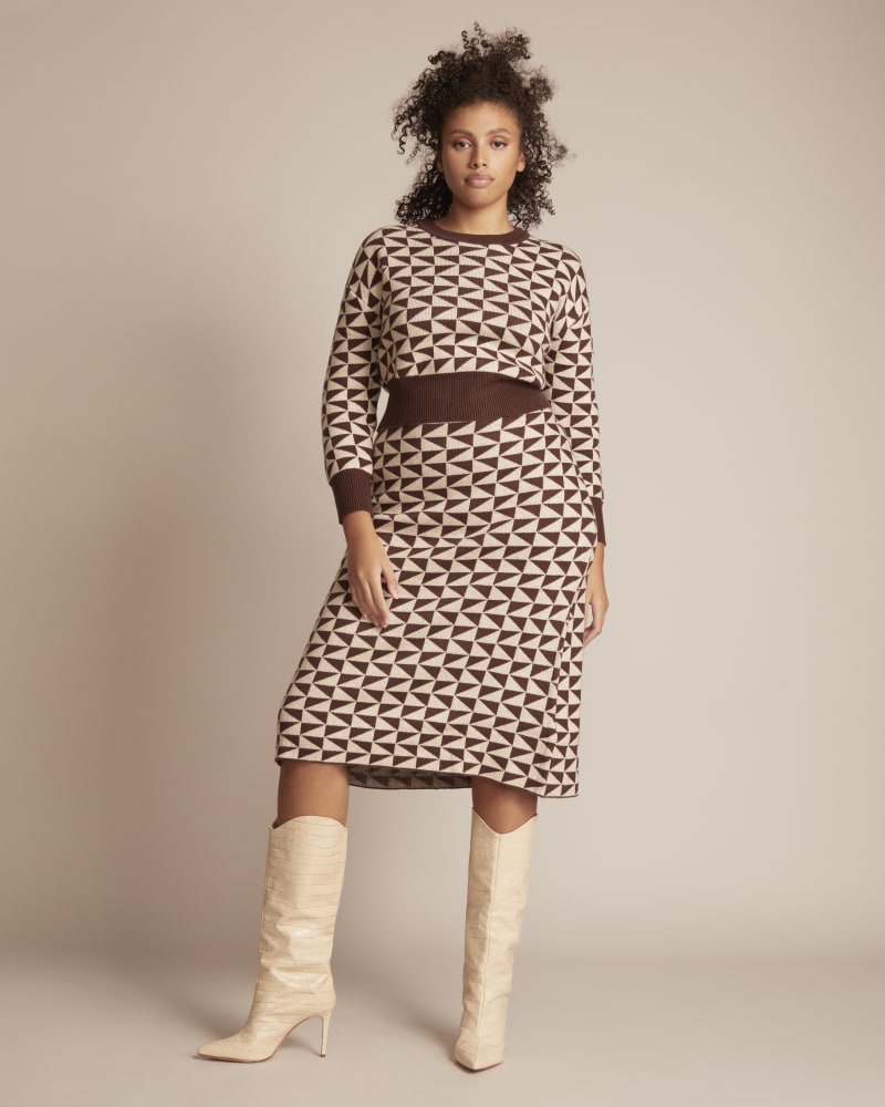 Front of a model wearing a size 1 Justina Skirt in Brown by 11 Honoré Collection. | dia_product_style_image_id:290565